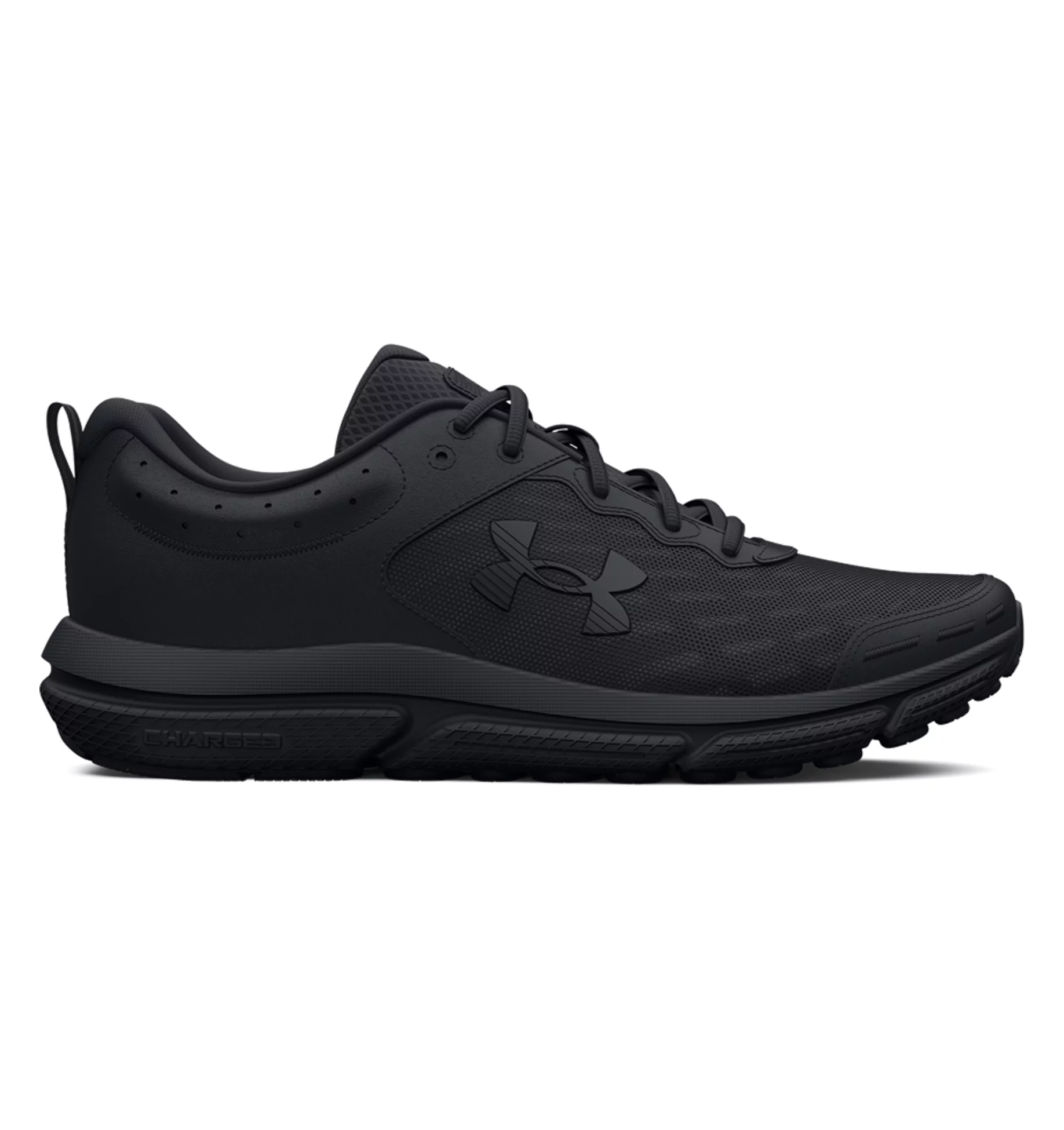 Under Armour Women's UA Charged Assert 10 Running Shoes in sleek black, featuring breathable mesh and Charged Cushioning for comfort.